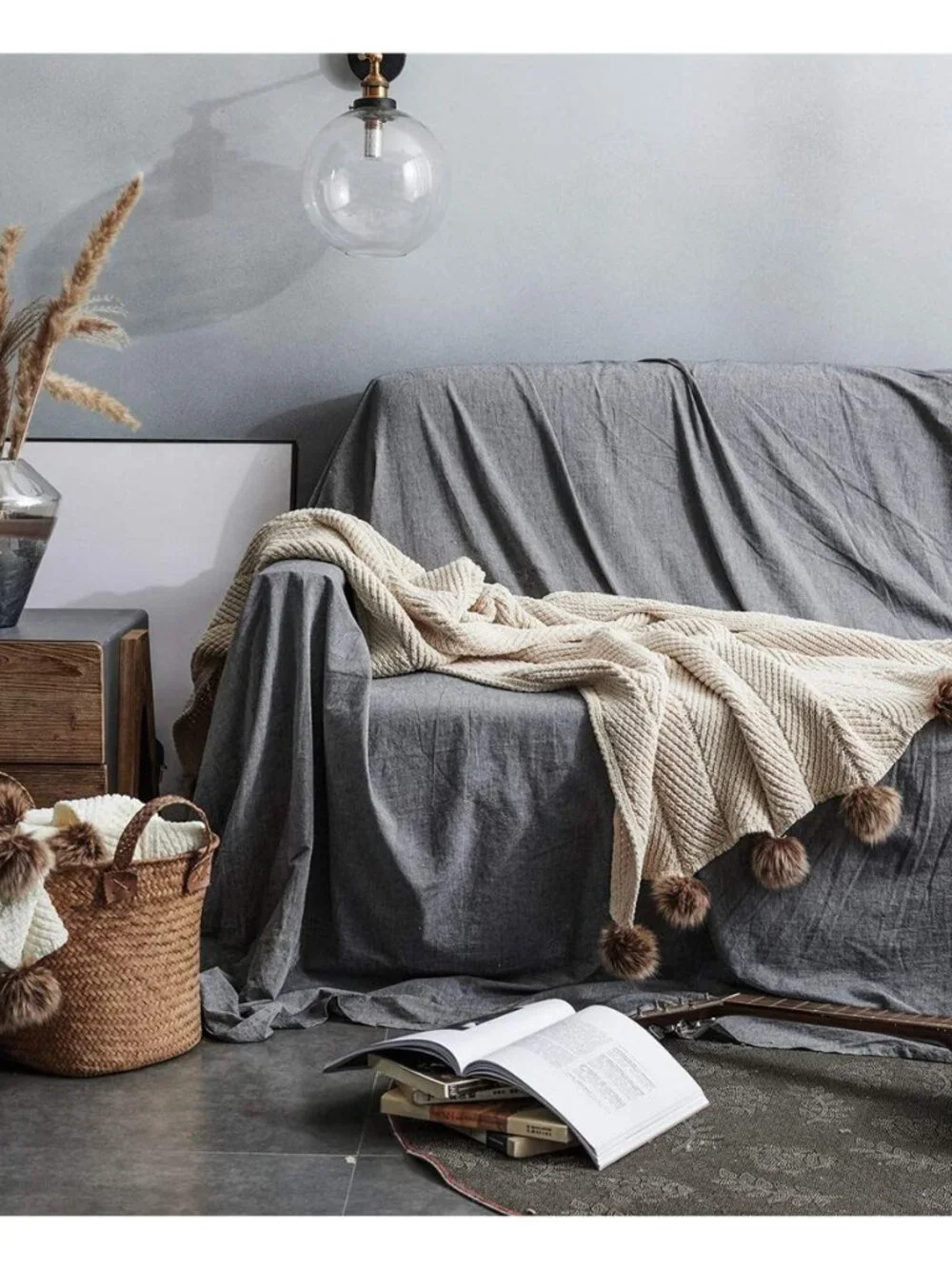 Fur Pom Pom Knit Throw Blanket Super Soft Warm Cozy Cable Knitted Blanket for_3
